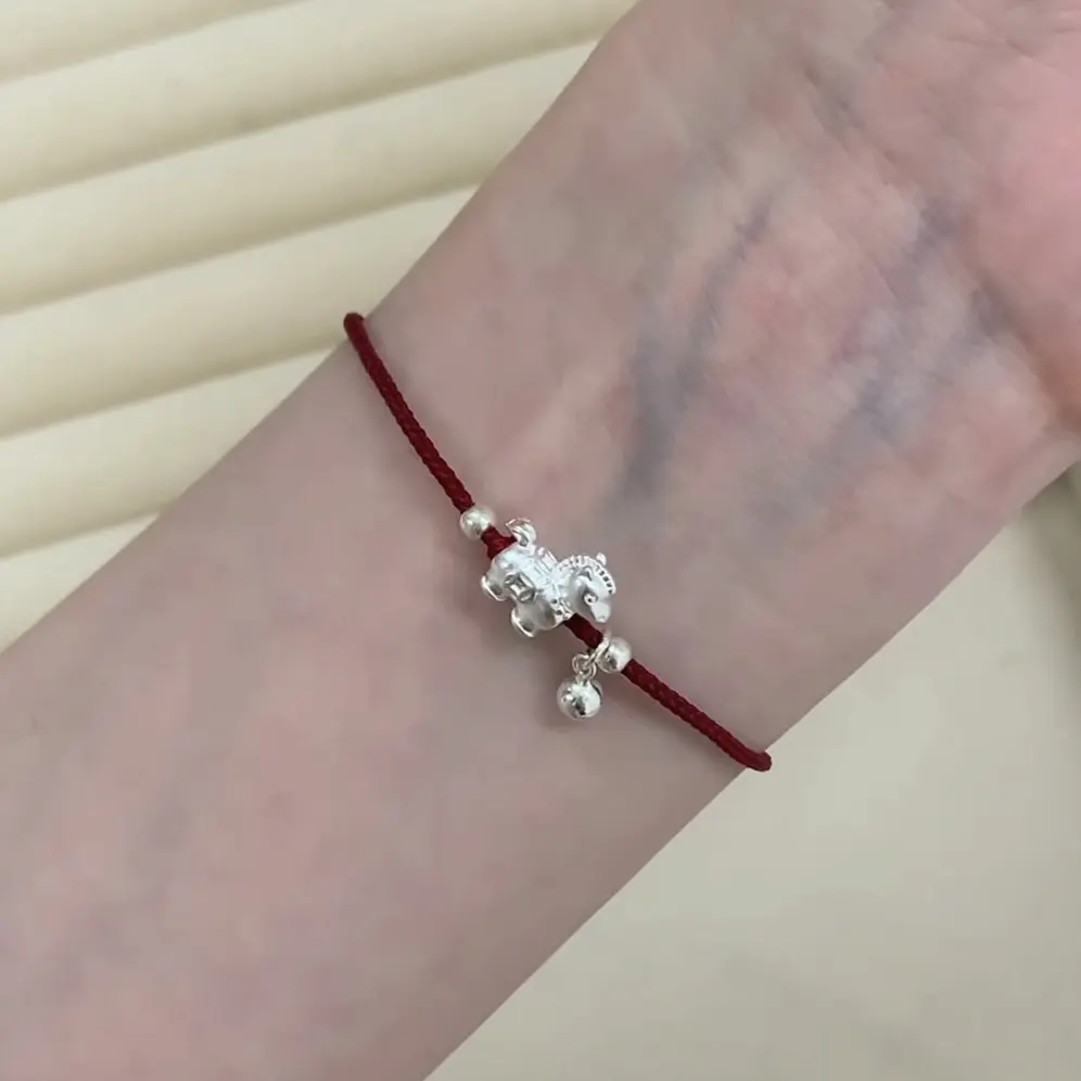 足银手链  生肖纯银马红绳本命年马上有钱转运珠编织手绳礼物女