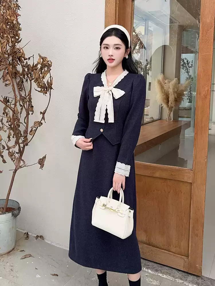 法式小香风气质套装蕾丝拼接外套女半身裙2025秋冬显瘦两件套女装