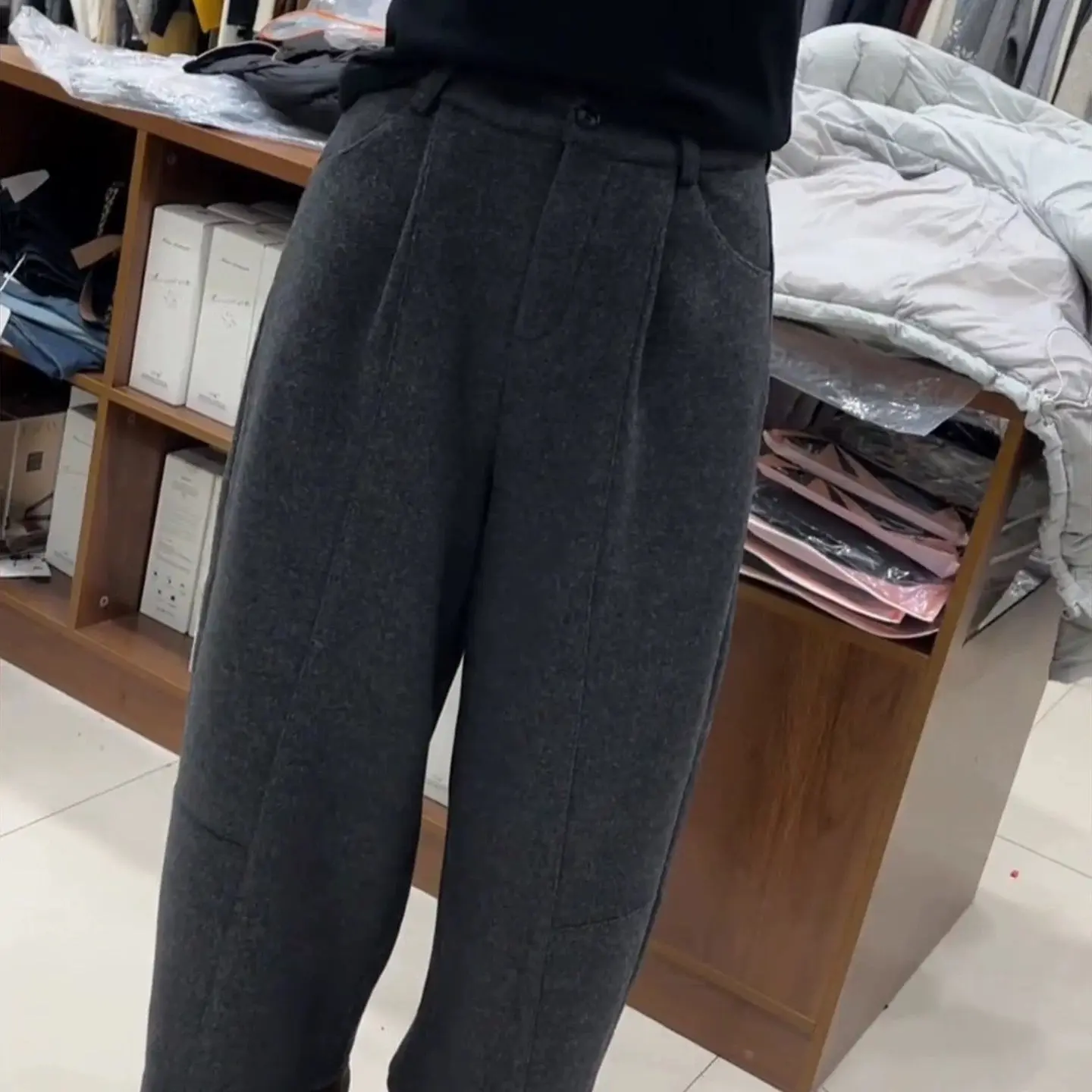 【甲木欧韩原单】加绒高腰阔腿九分毛呢/玫258105