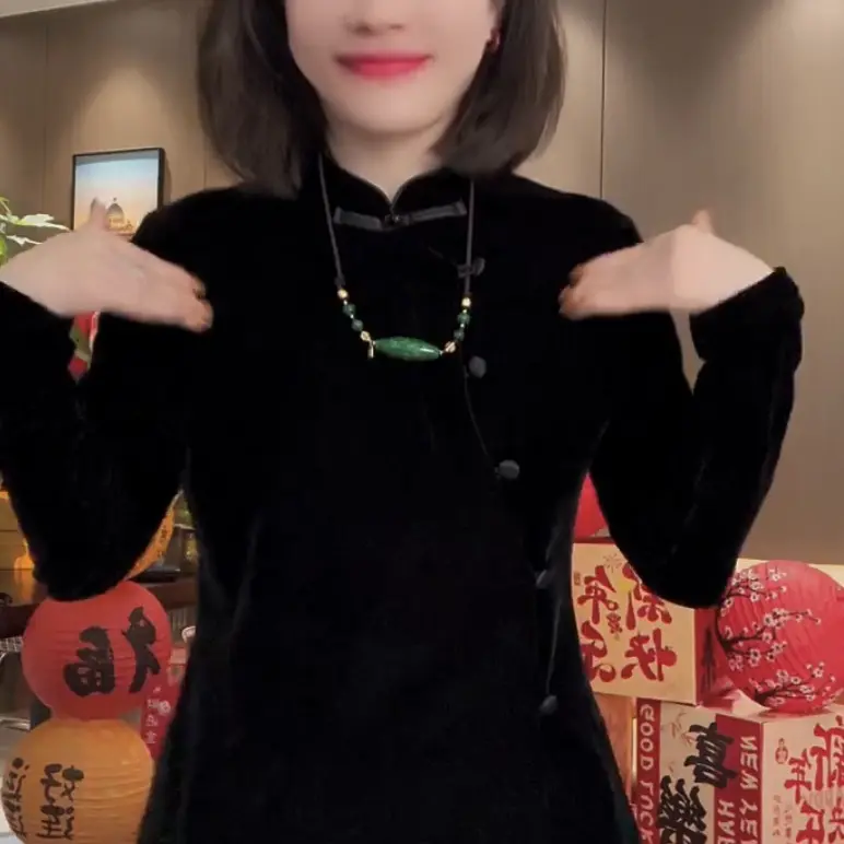 冬季丝绒加厚立领盘扣新中式国风长袖印花拼接设计感修身上衣女红