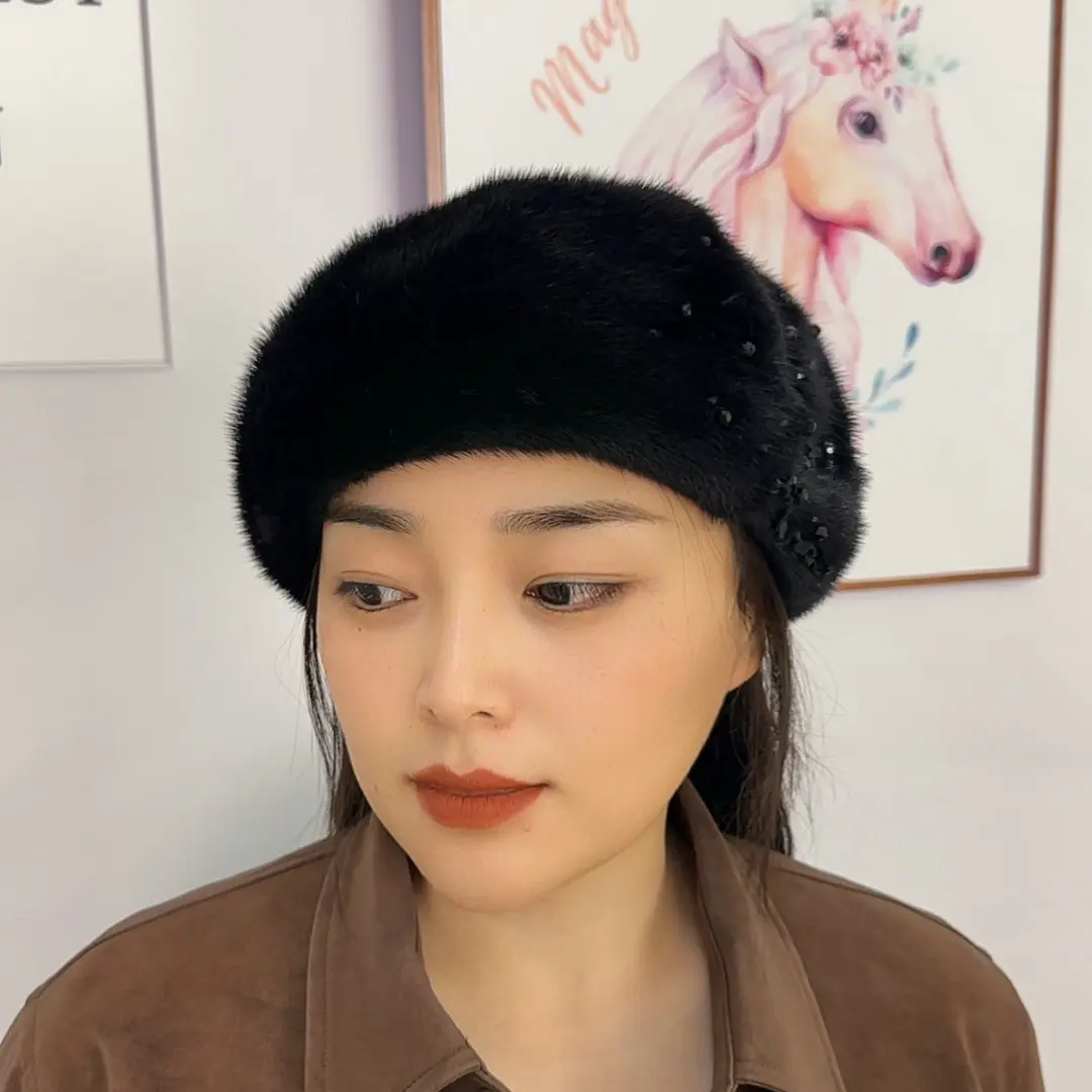 水貂帽子高级保暖女秋冬圆顶冬季无檐瓜皮帽蓓蕾八角帽冬韩版女帽