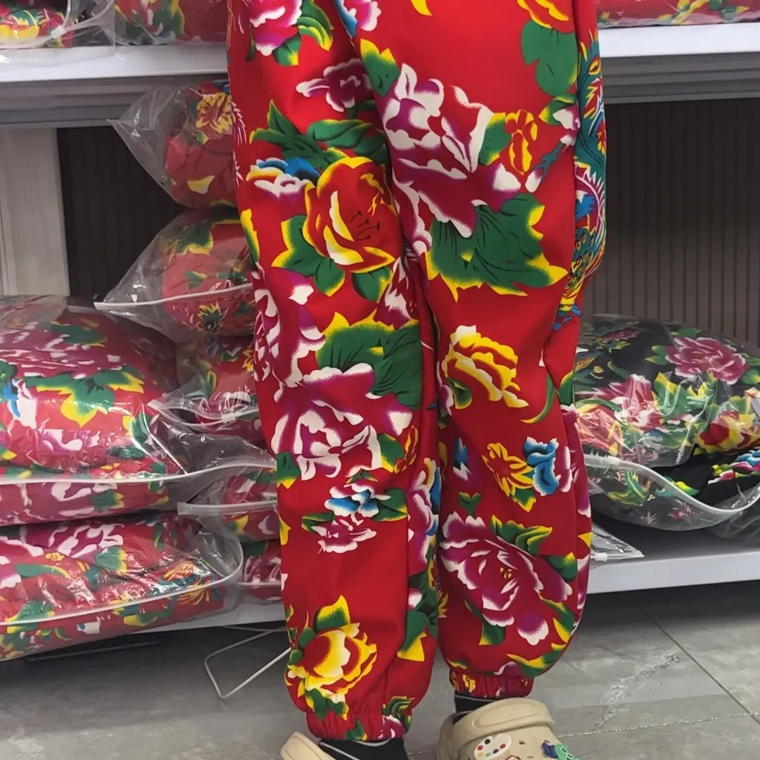 儿童东北大花加绒中式喜庆民族风束脚长裤男女孩同款