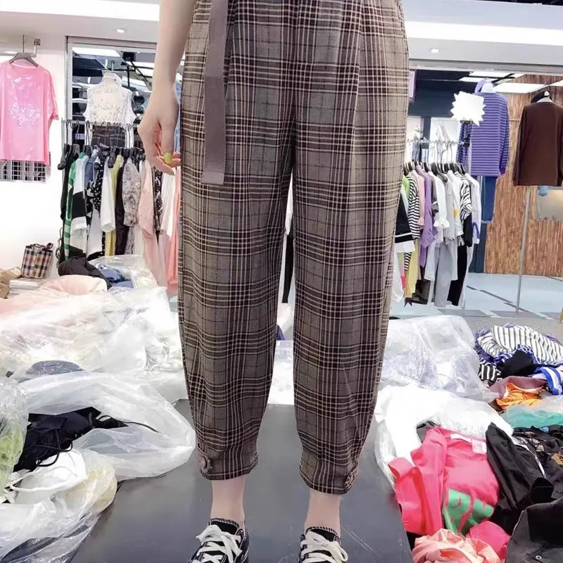 时尚高腰格纹长裤复古现代风格塑造纤细身材格格裤86535-1春秋