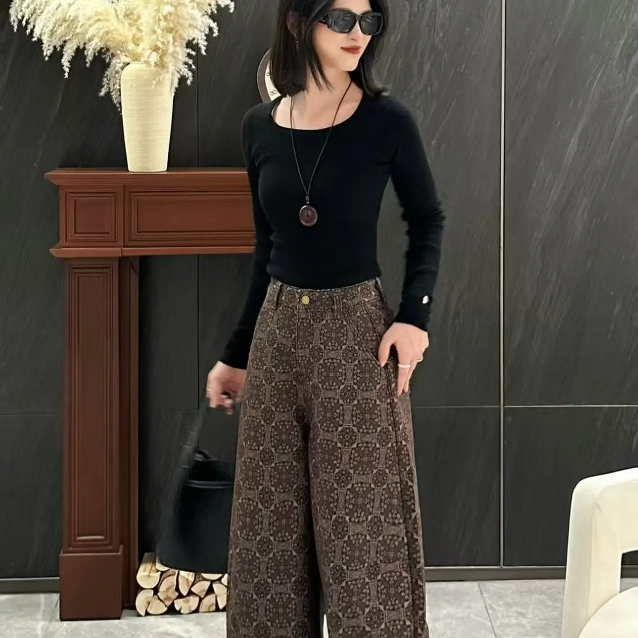 2025欧版冬季白搭款中腰九分加绒最新款高腰阔腿裤