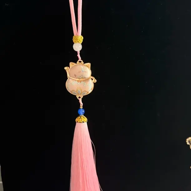 非遗手工宋锦双面粉色招财猫挂件