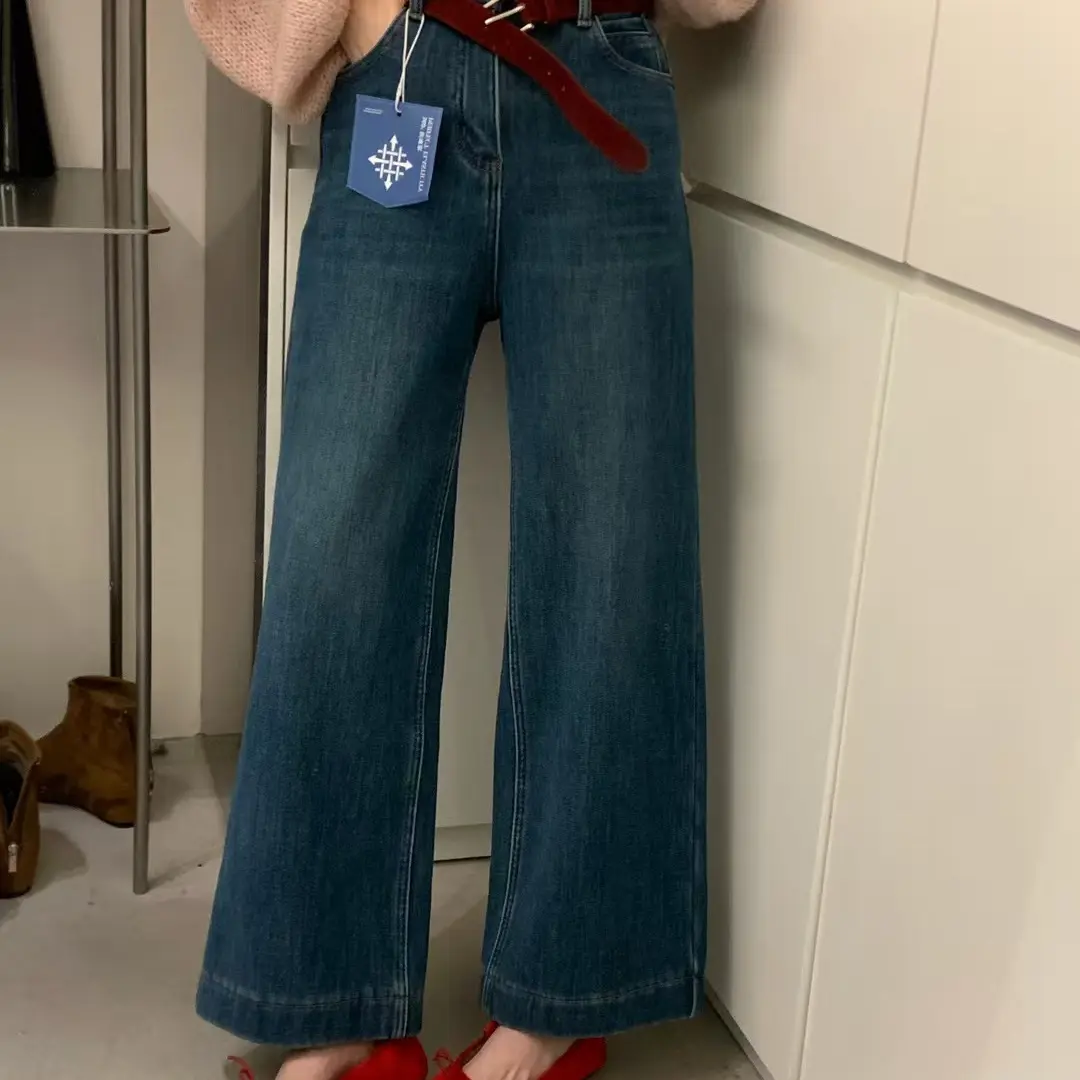 BR98382-5韩版复合绒加厚九分阔腿牛仔裤女冬红色腰带休闲直筒裤