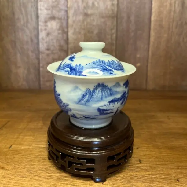 全手工手绘青花山水纹景德镇陶瓷盖碗高端中式茶具