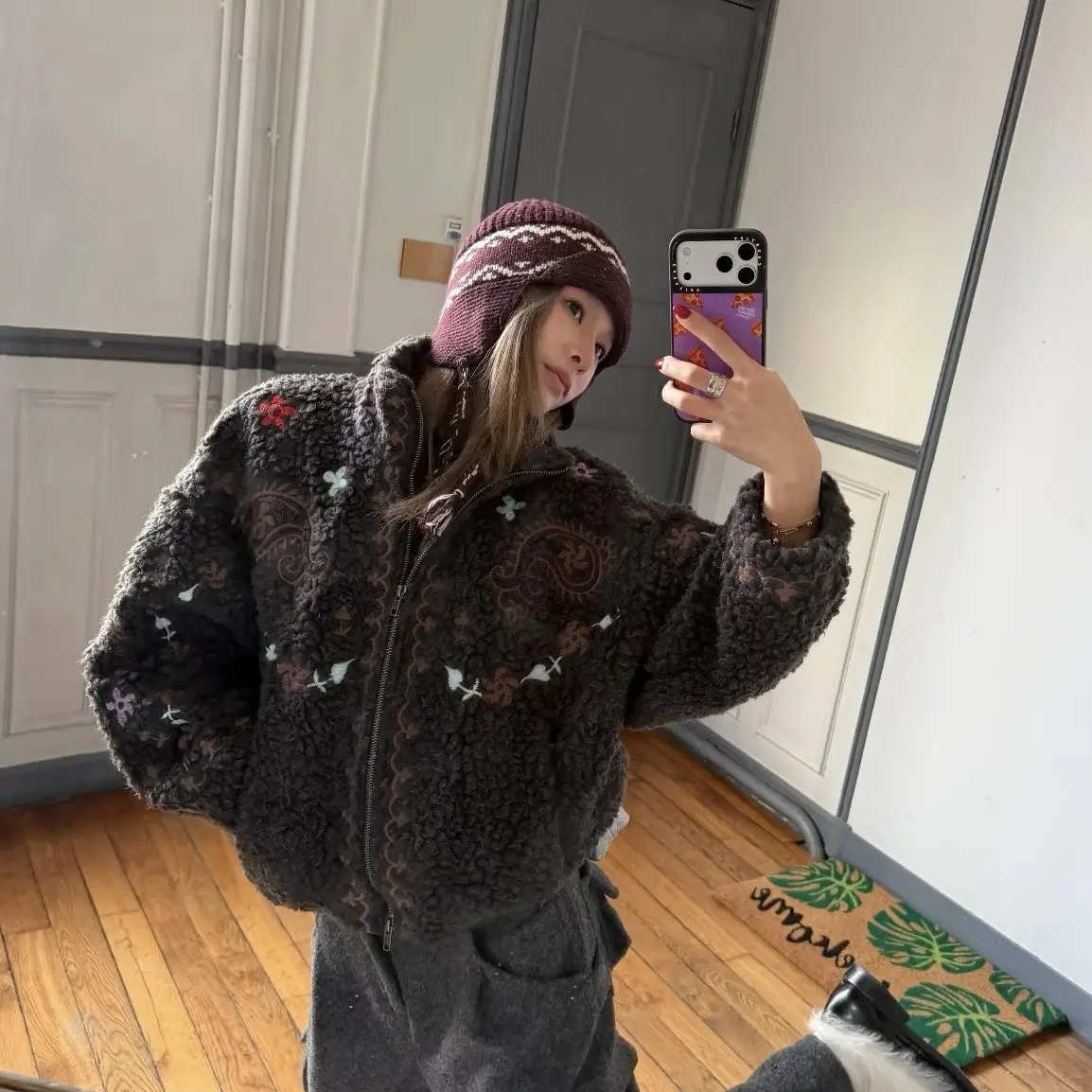 【Lunan】squar复古花纹刺绣摇粒绒双面穿外套