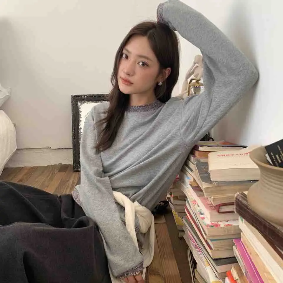 秋冬新款女式长袖纯棉简约纯色保暖舒适针织衫百搭上衣