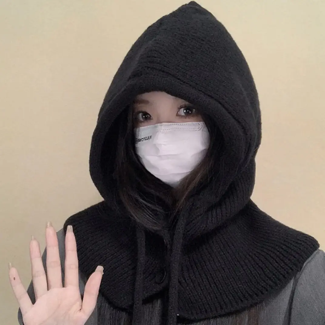 韩版ins风巴拉克拉法帽系扣系带抽绳护耳帽保暖百搭针织帽子围脖 