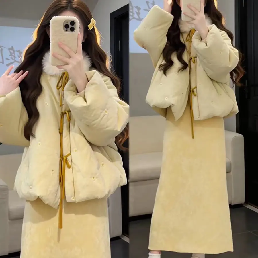 Y101-Y150新中式国风毛领棉服外套搭配连衣裙秋冬女装套装