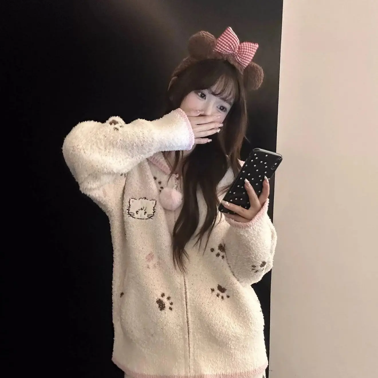 软糯保暖半边绒女士秋冬季加绒加厚韩系可爱连帽可外穿针织家居服