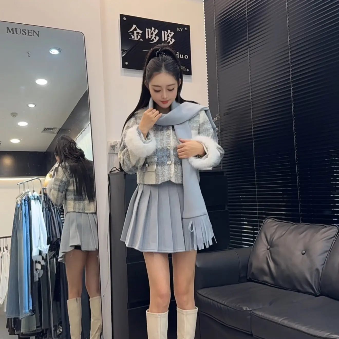 大小姐家——冬季小香风格纹夹棉外套➕半身裙➕围巾三件套