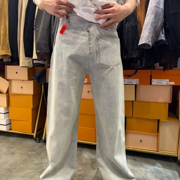 【xof同款】水洗浅蓝色侧拉链牛仔裤男复古做旧直筒宽松阔腿