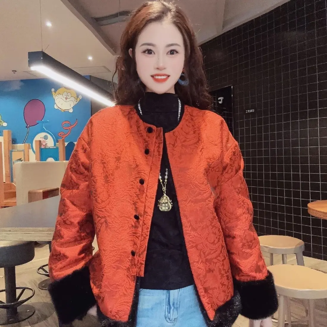 鸿运当头新中式国风盘扣加厚冬季外套女重磅长袖保暖双面穿上衣