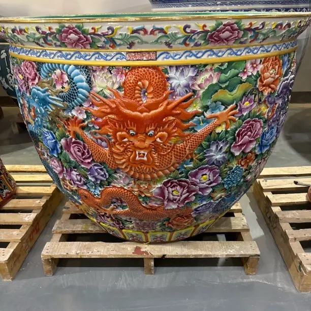 景德镇手工制作雕刻龙穿万花陶瓷大缸1米直径