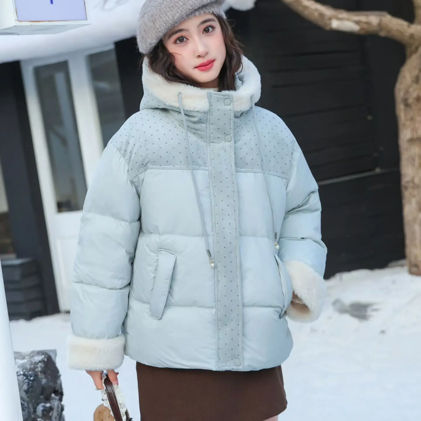 新款女大童拼接皮毛一体石墨烯云绒加厚保暖棉服