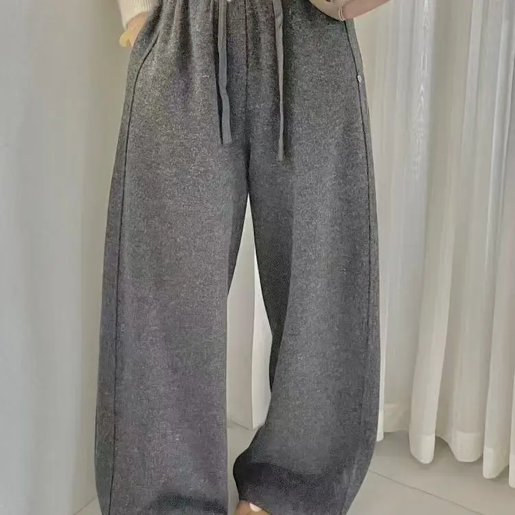 冬季加绒法式糯米阔腿休闲裤慵懒风百搭显瘦直筒裤