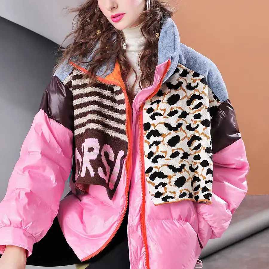 撞色针织拼接短款连帽加厚冬季白鸭绒女款外套