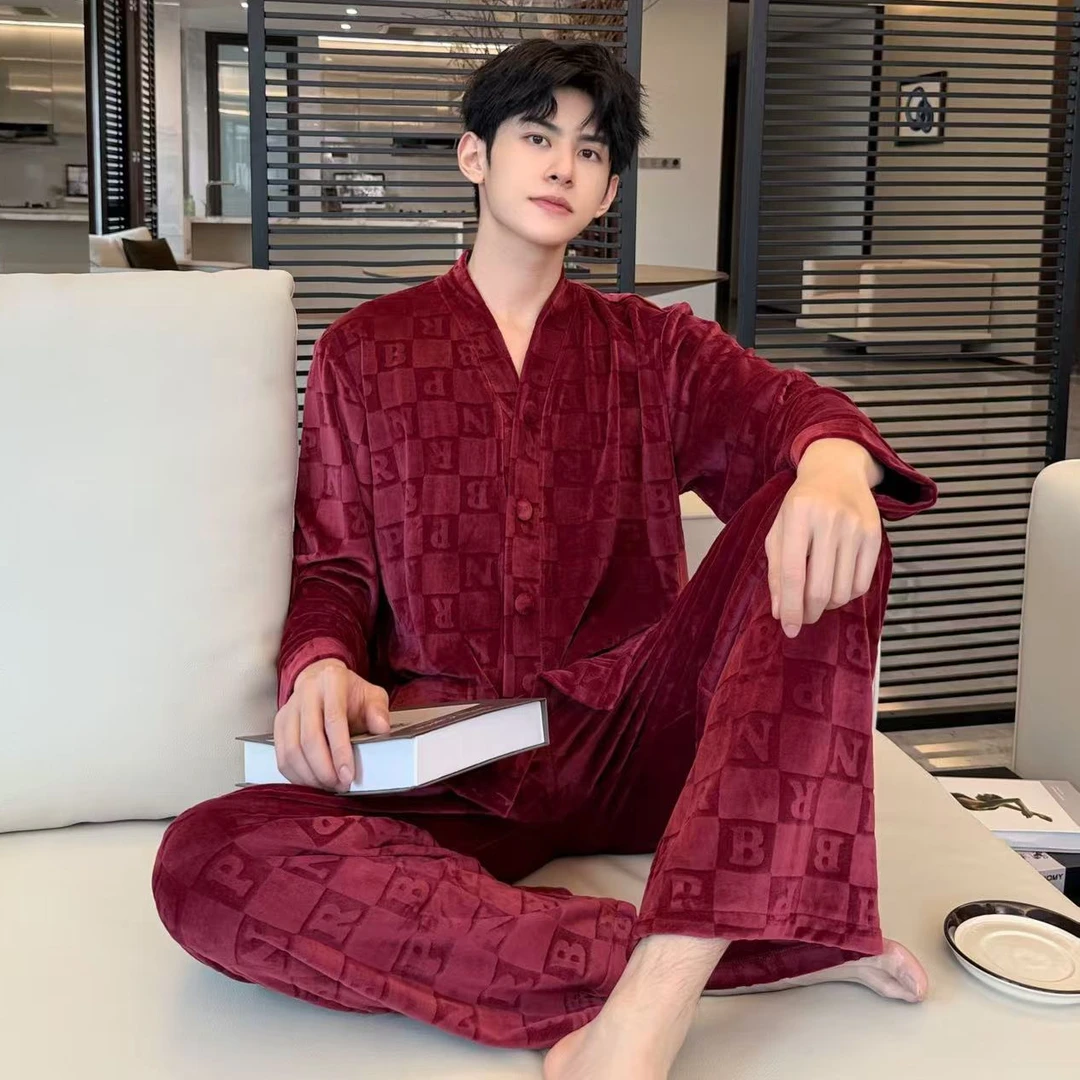 2025超柔海岛绒男士家居服秋冬长袖奢华高级感V领保暖加厚套装