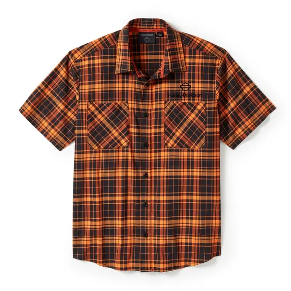 Harley Davidson/哈雷戴维森男士夏季黄色格子短袖衬衫