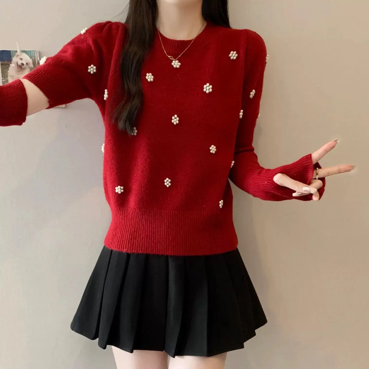 新疆包邮【c828】珠珠花朵袖套针织衫（带袖套）-衣长54cm