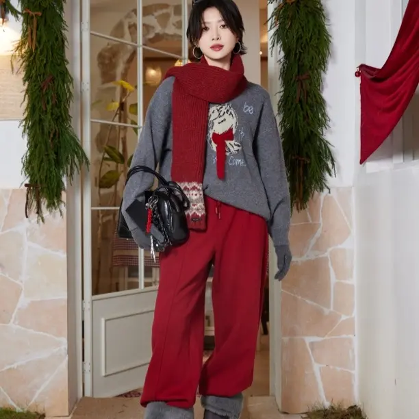 灰色针织衫宽松百搭秋冬新款红色时尚