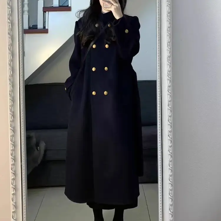 冬季新款加厚立领黑色毛呢大衣外套女赫本风显瘦孤品扣号