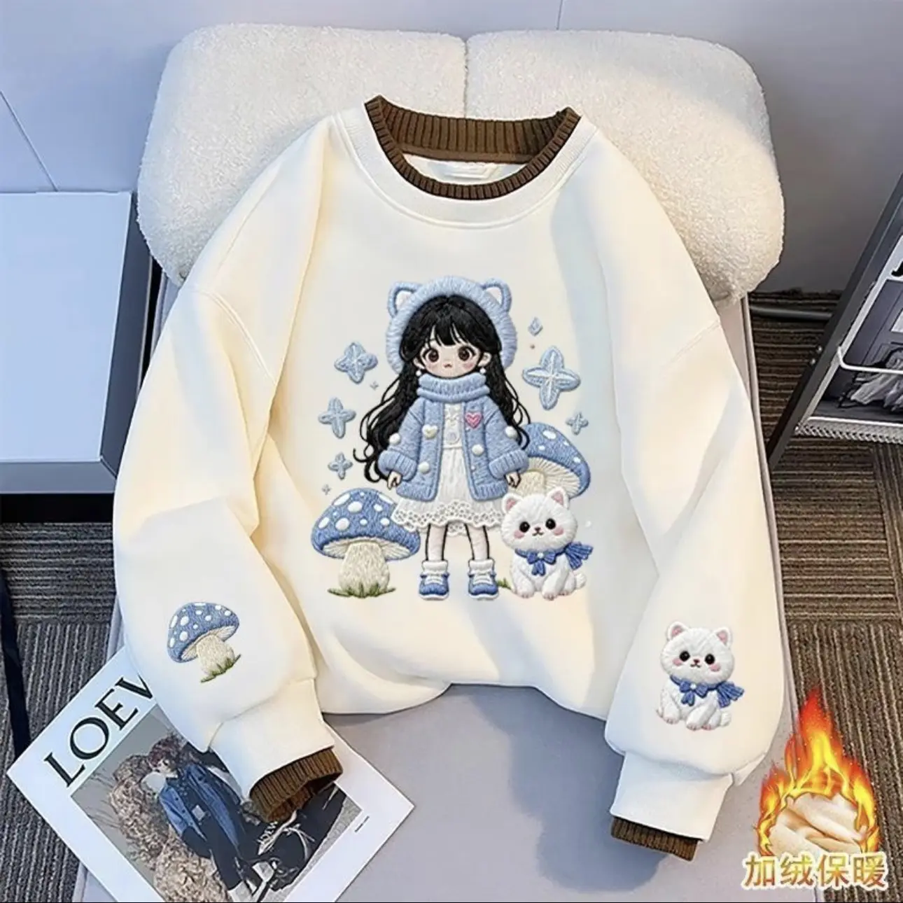 【现货】女童加绒加厚卫衣秋冬装卡通印花圆领上衣女孩洋气百搭冬款