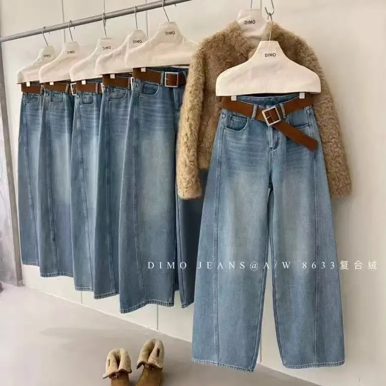 秋冬新款复古宽松阔腿牛仔裤百搭显瘦