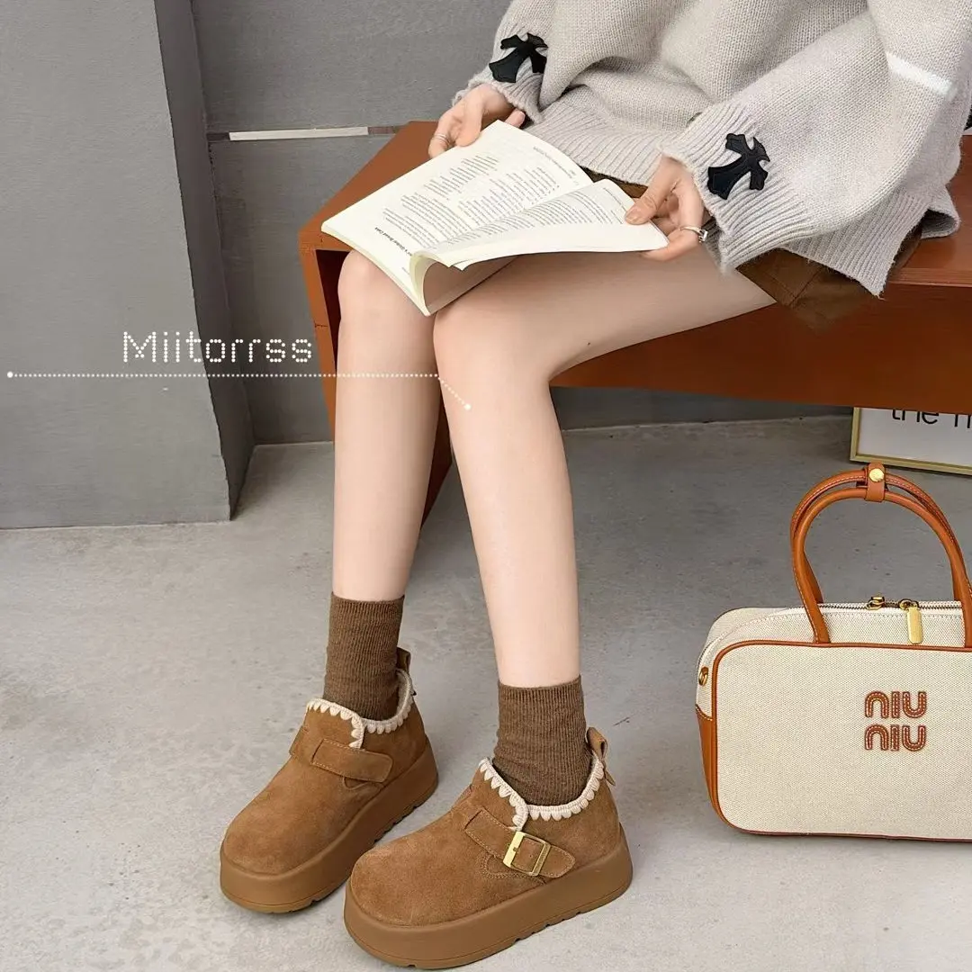 蜜兔厚底加绒勃肯鞋保暖豆豆鞋皮毛一体