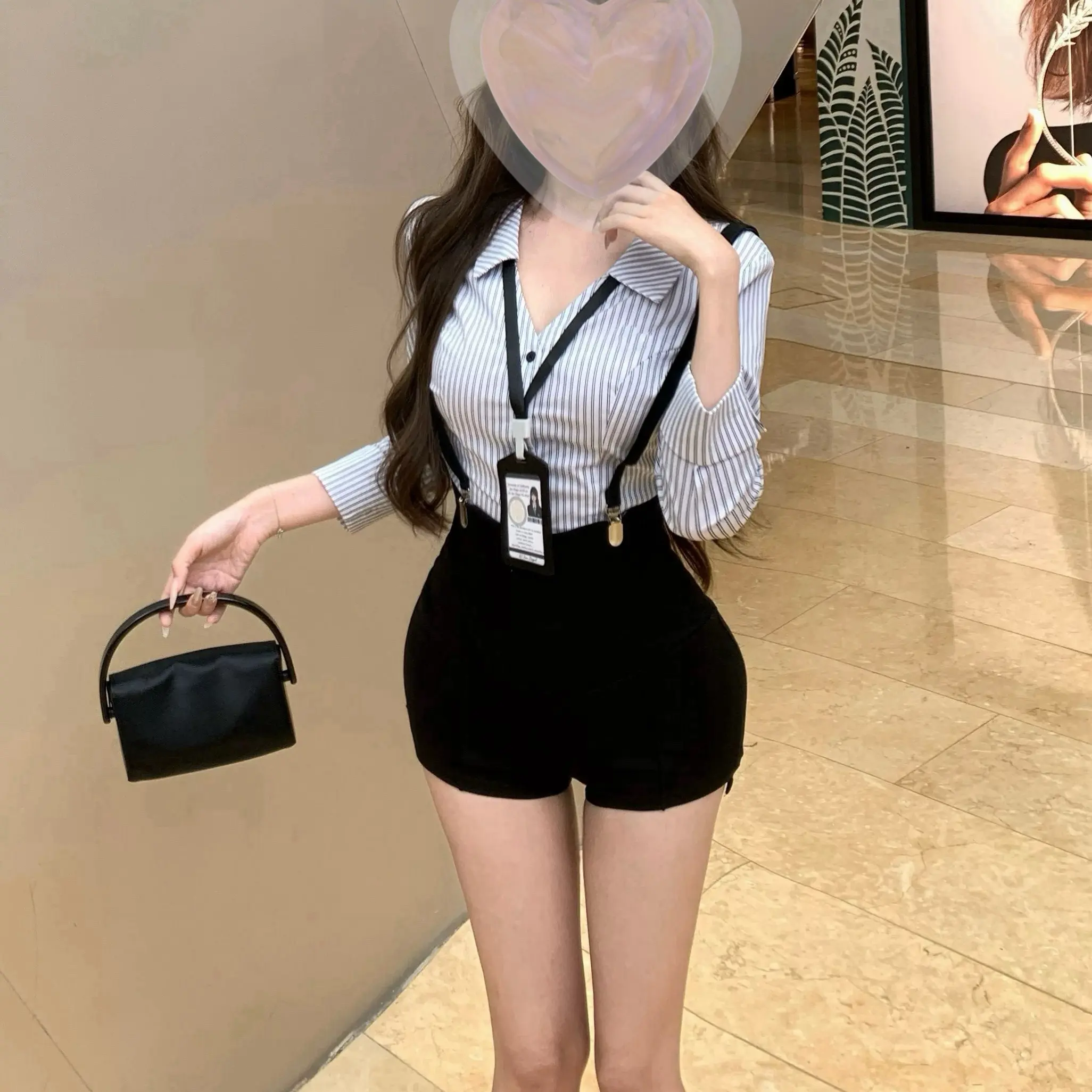 御姐高级感套装条纹收腰衬衫女夏季辣妹黑色短裤#8063&8064