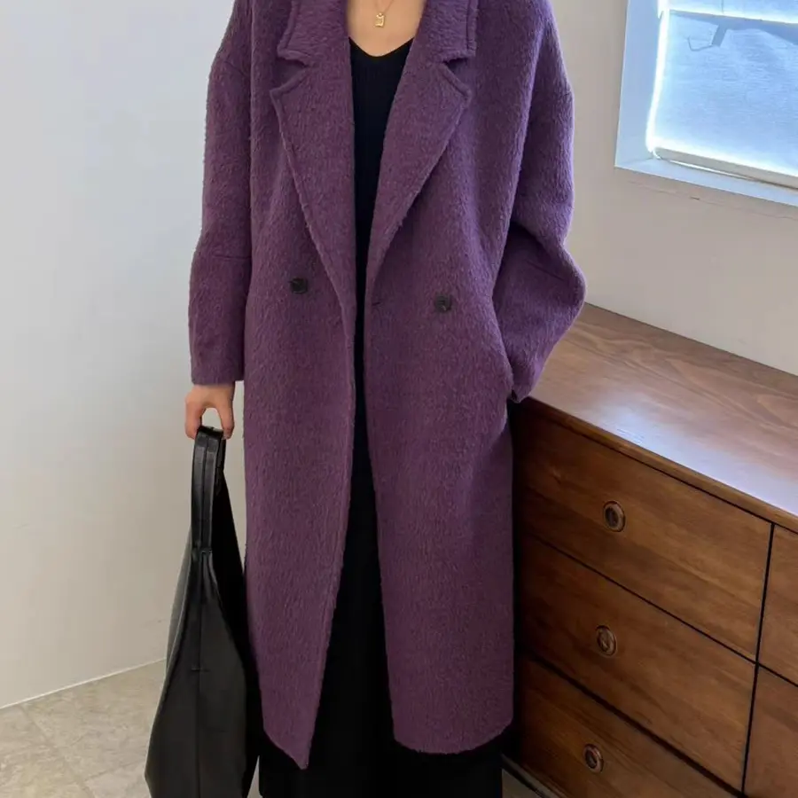 新款韩系苏力绒羊毛双面呢大衣女长款宽松显瘦时尚轻奢毛呢外套