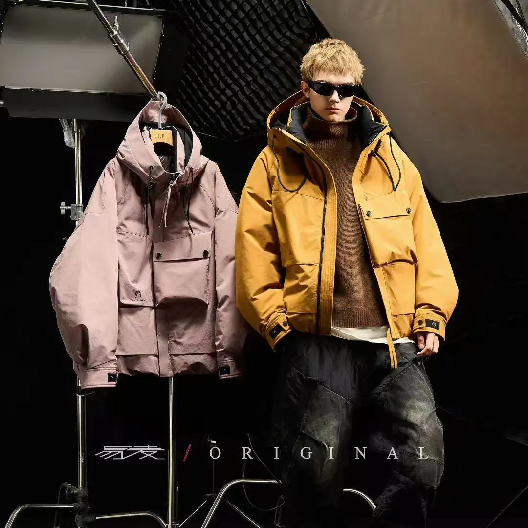 轻奢风简约工装连帽白鸭绒男冬季新款宽松保暖外套潮流上衣