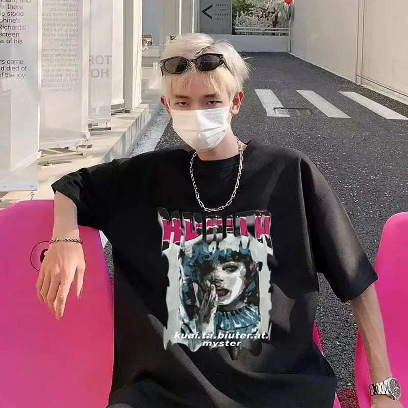 新款夏季纯棉美式人像印花休闲短袖T恤欧美复古街头宽松圆领上衣