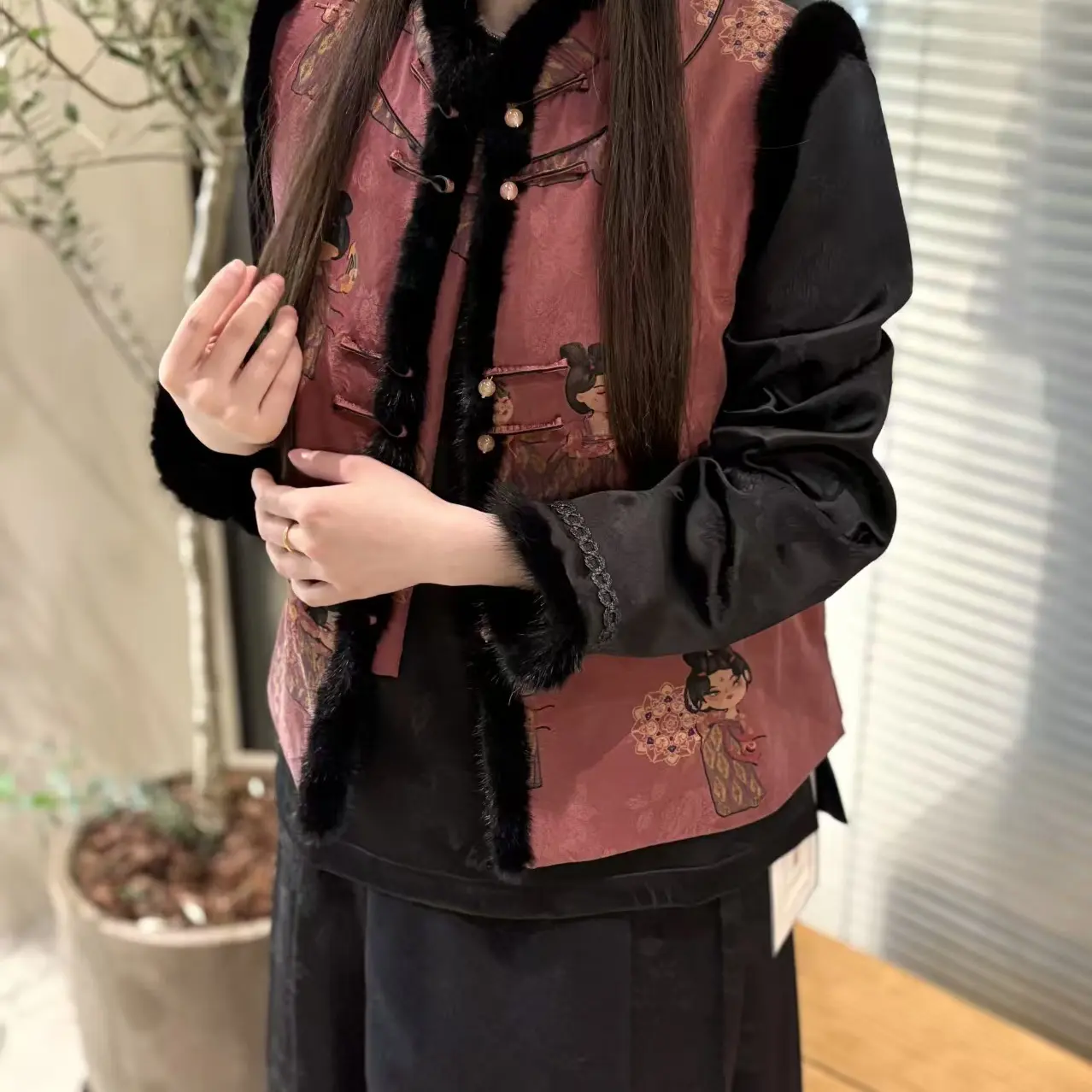 【素皛·赤缇】新中式国风香云纱重工仕女图立领保暖时尚气质马甲