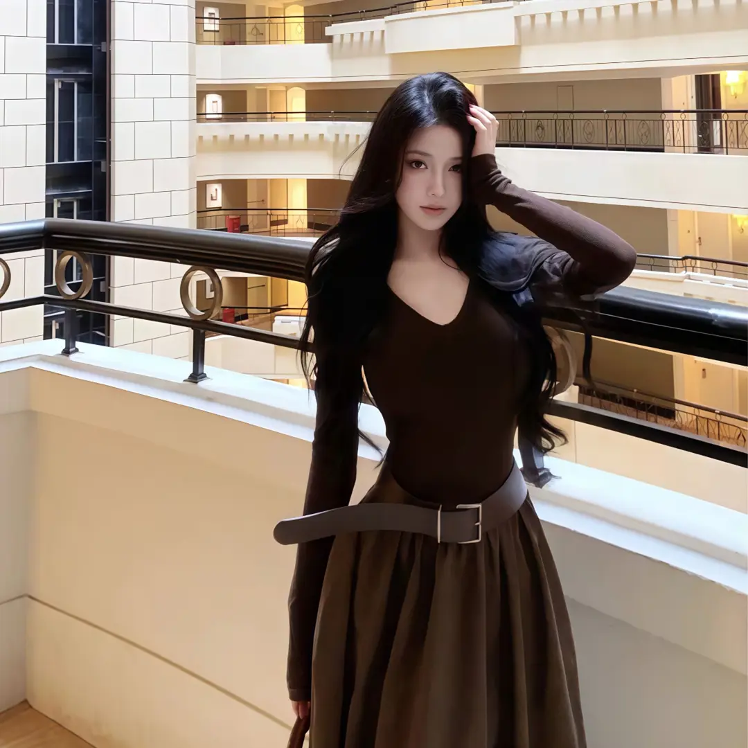 6-8米运补 V领收腰带皮带连衣裙秋冬新款打底拼接气质显瘦长裙