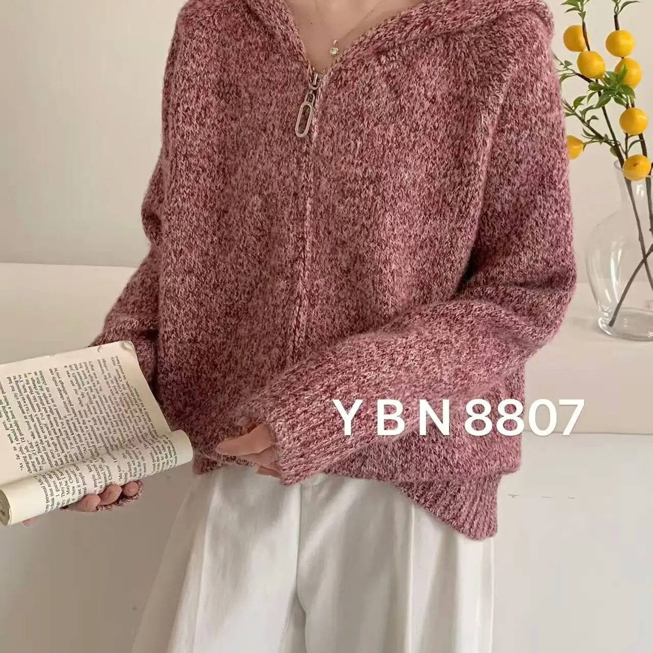 纯连帽针织开衫女花纱加厚宽松韩系时尚毛衣外套秋冬百搭