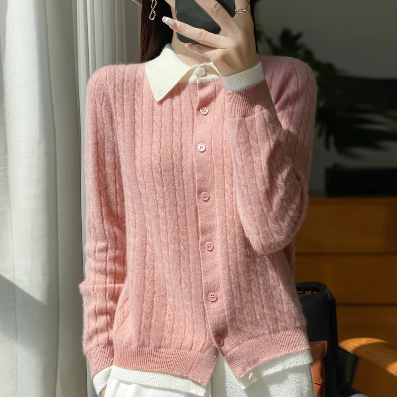 100%羊毛翻领拼色假两件女刺绣针织衫毛衣宽松针织衫