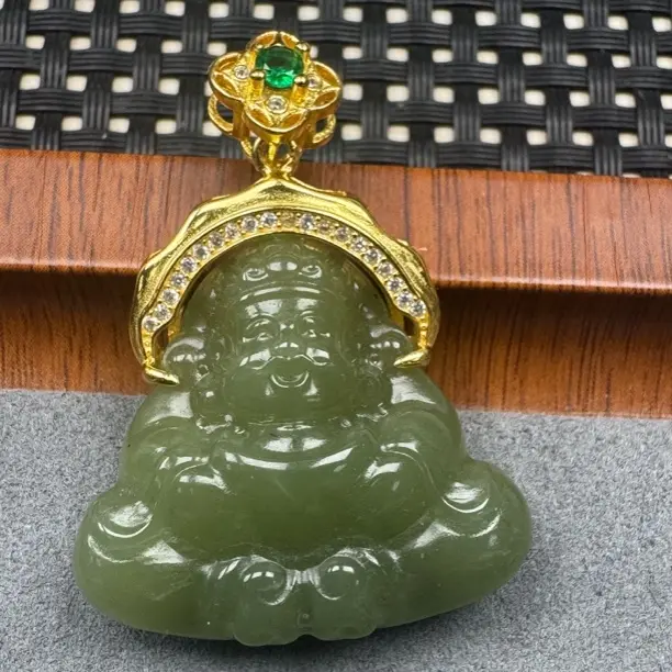和田玉黄口料，财神吊坠镶嵌s295