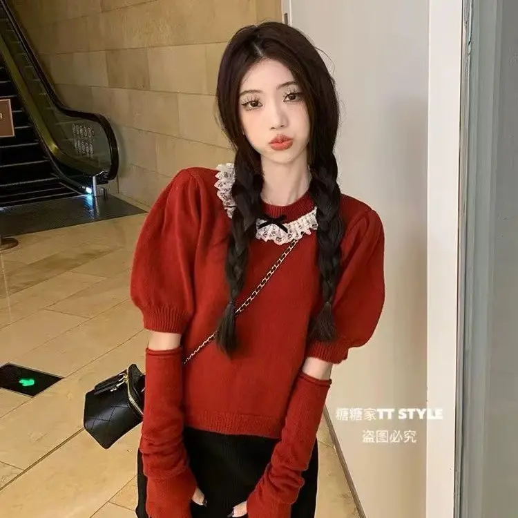 秋冬泡泡袖袖套针织毛衣，显瘦保暖内搭上衣