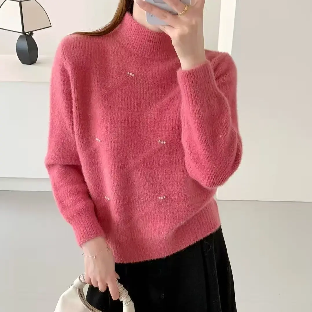 25年新款厚款钉珠半高领套头宽松洋气时尚针织毛衣1272