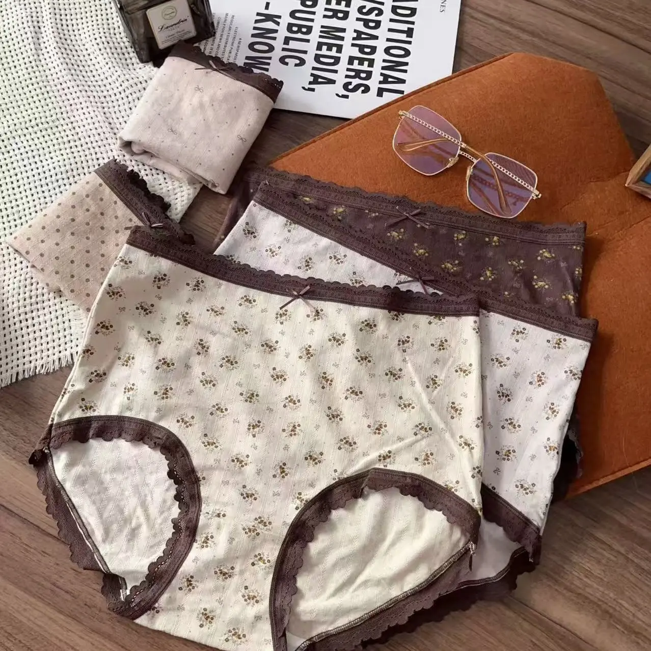 110-160斤五条装高腰美拉德色系碎花柔软舒适女士三角内裤