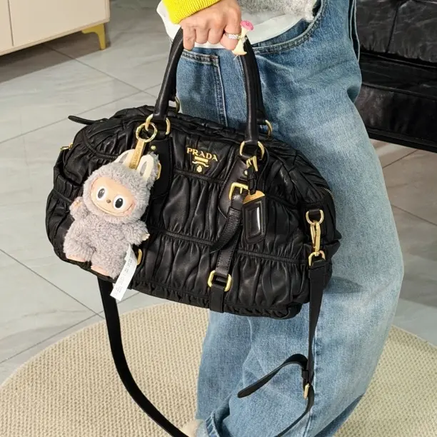 95新 Prada/普拉达 發發中古·prada黑金褶皱全皮托特包手提斜挎包