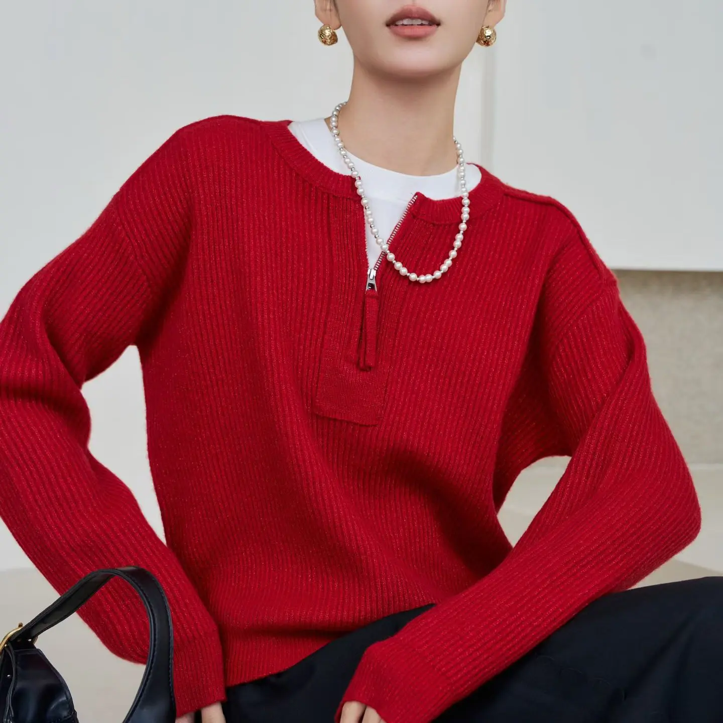 早冬款红色显瘦气质时尚套头毛衫