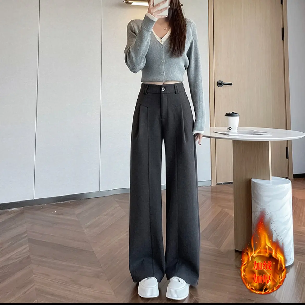150小个子秋冬窄版毛呢裤加绒加厚休闲高腰阔腿裤