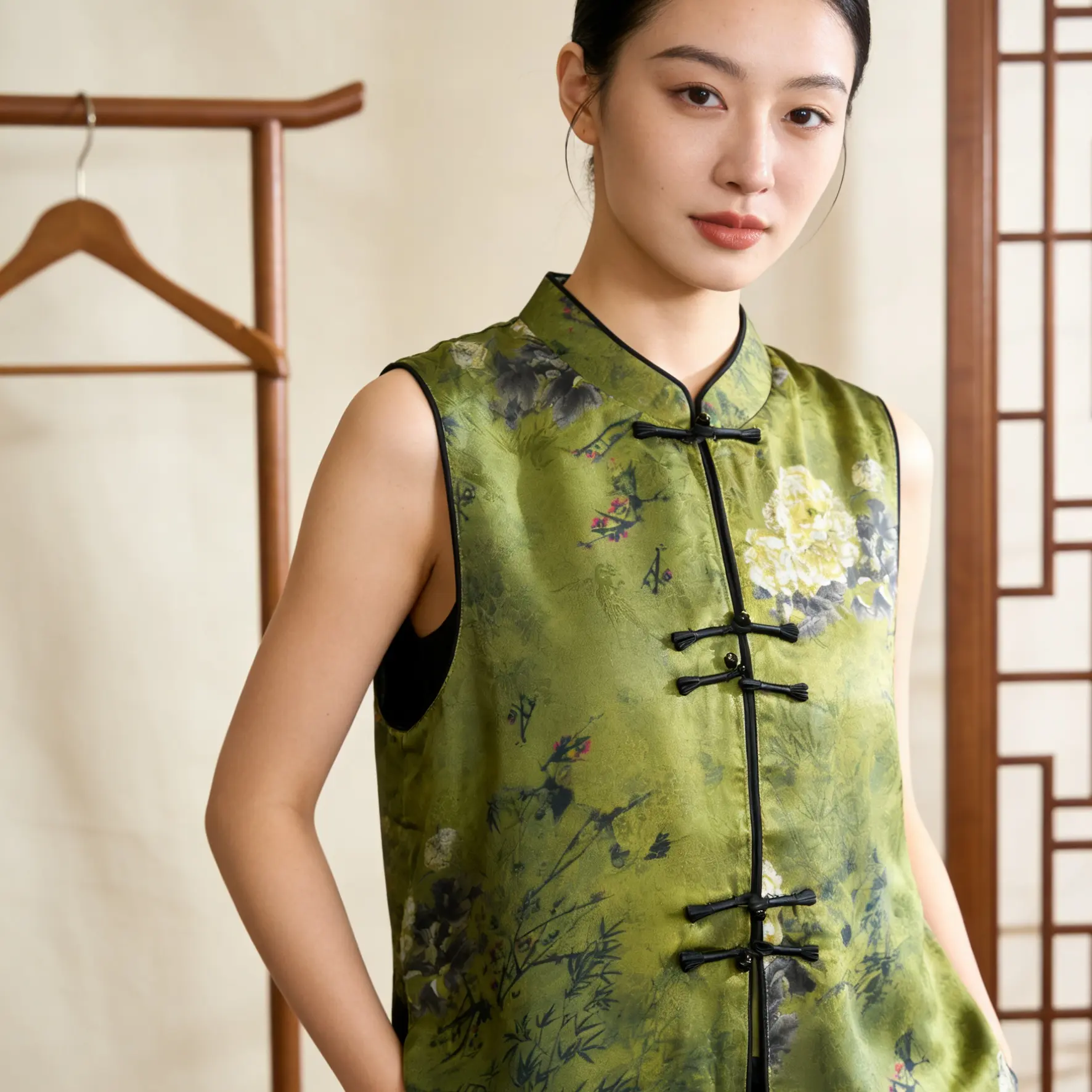 【青竹牡丹】精品提花单款中式国风绿色缎面马甲女