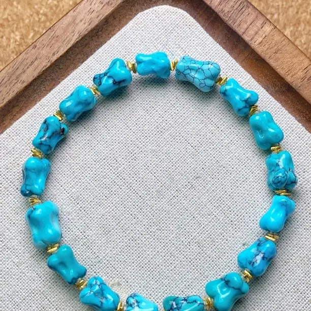 天然原矿绿松石网花纹骨头18K金设计款手串文玩手链