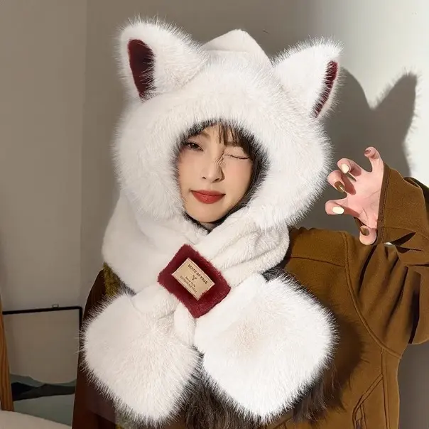 可爱狐狸帽子围巾一体女秋冬季毛绒护耳朵加厚保暖防寒连帽围脖