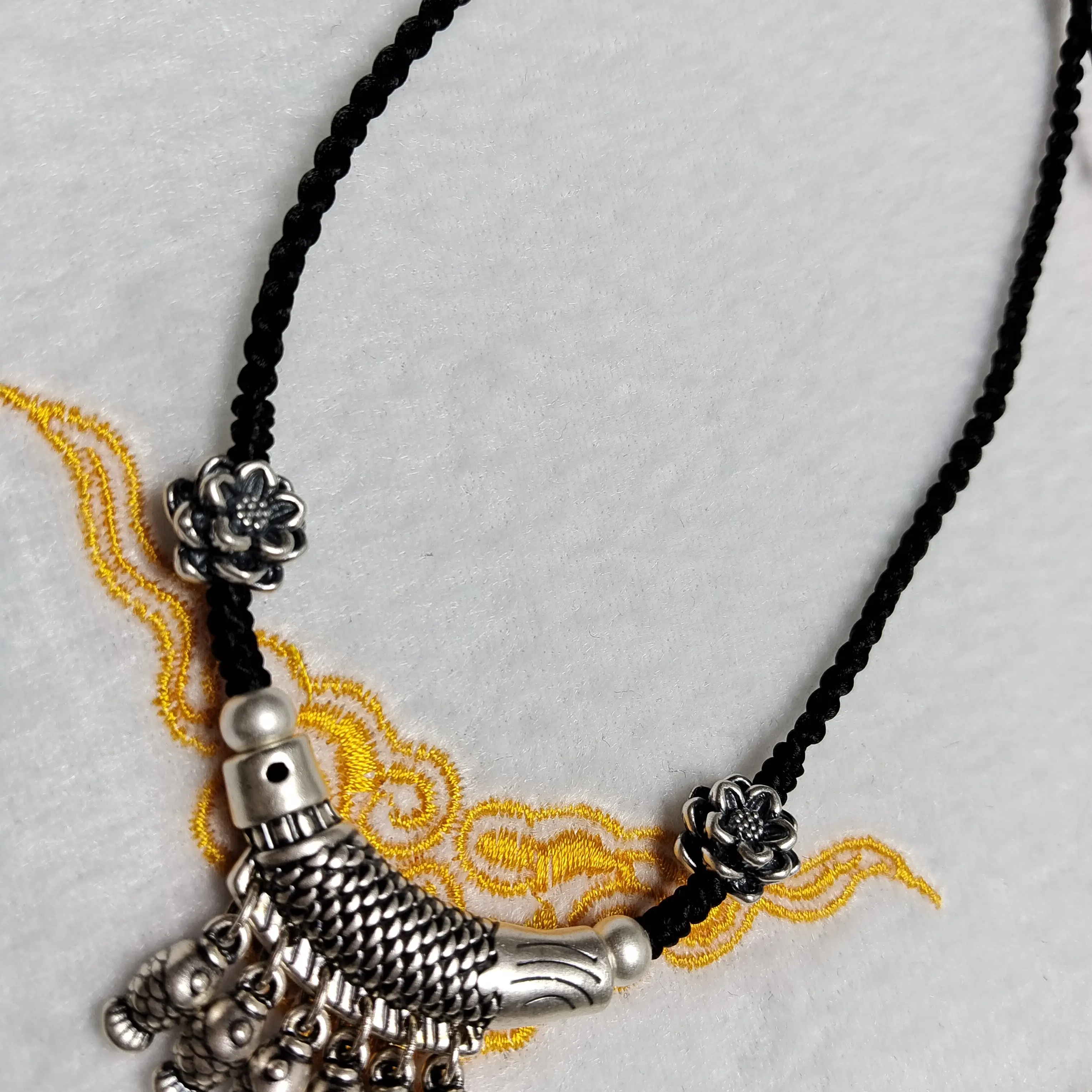 吊坠足银 足银999 莲花多子鱼纯手工编织做旧复古百搭锁骨链